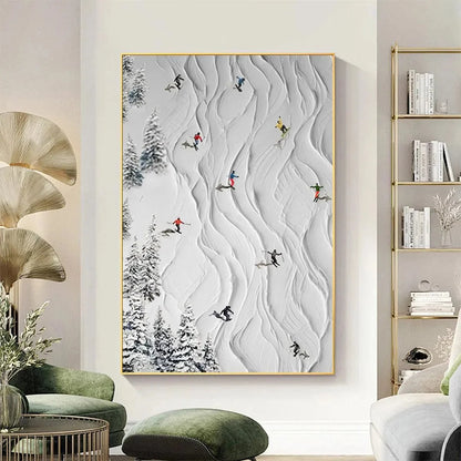 ALPINE SLOPES: Textured White Skiing Landscape Painting | textured closeup, raised brushwork detail