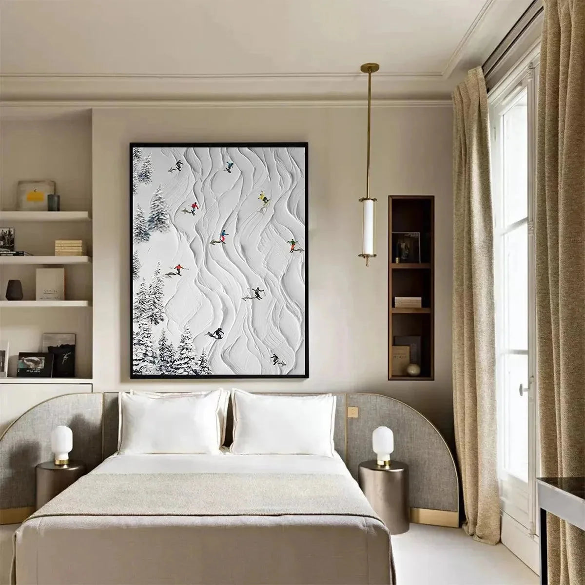 ALPINE SLOPES: Textured White Skiing Landscape Painting | gold frame stretched on neutral wall