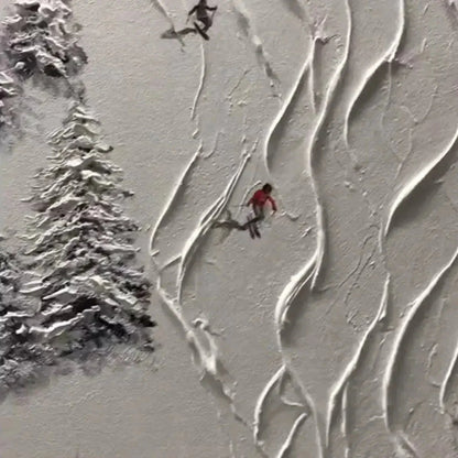 ALPINE SLOPES: Textured White Skiing Landscape Painting | black frame version on white wall