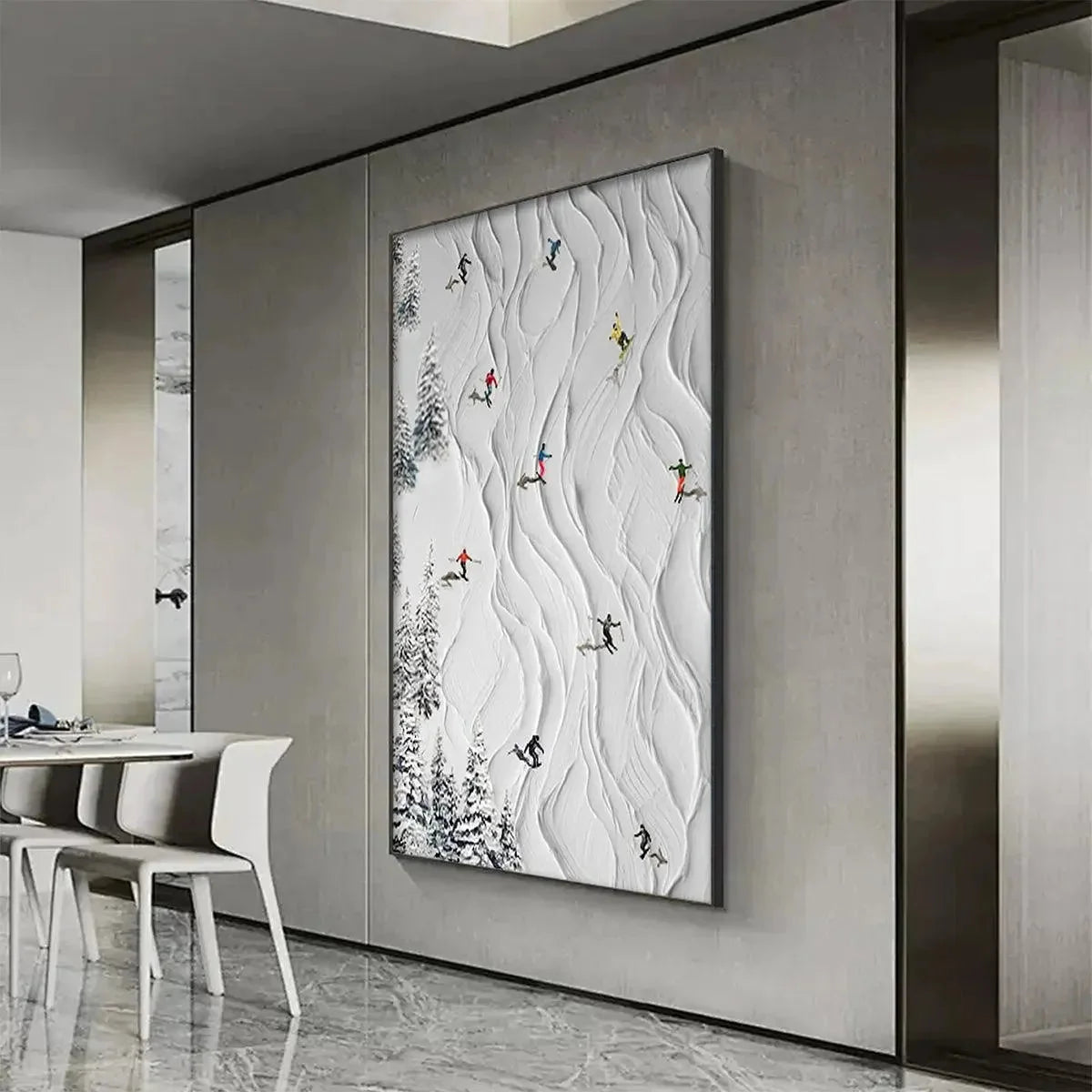 ALPINE SLOPES: Textured White Skiing Landscape Painting | white palette, original office art