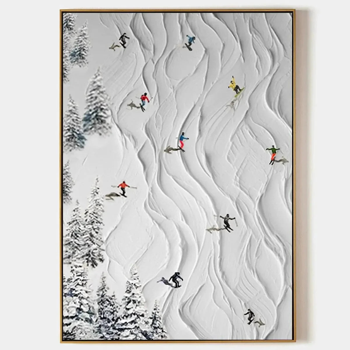 ALPINE SLOPES: Textured White Skiing Landscape Painting | hanging in living room, textured wall art