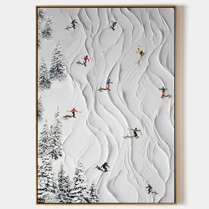 ALPINE SLOPES: Textured White Skiing Landscape Painting | hanging in living room, textured wall art