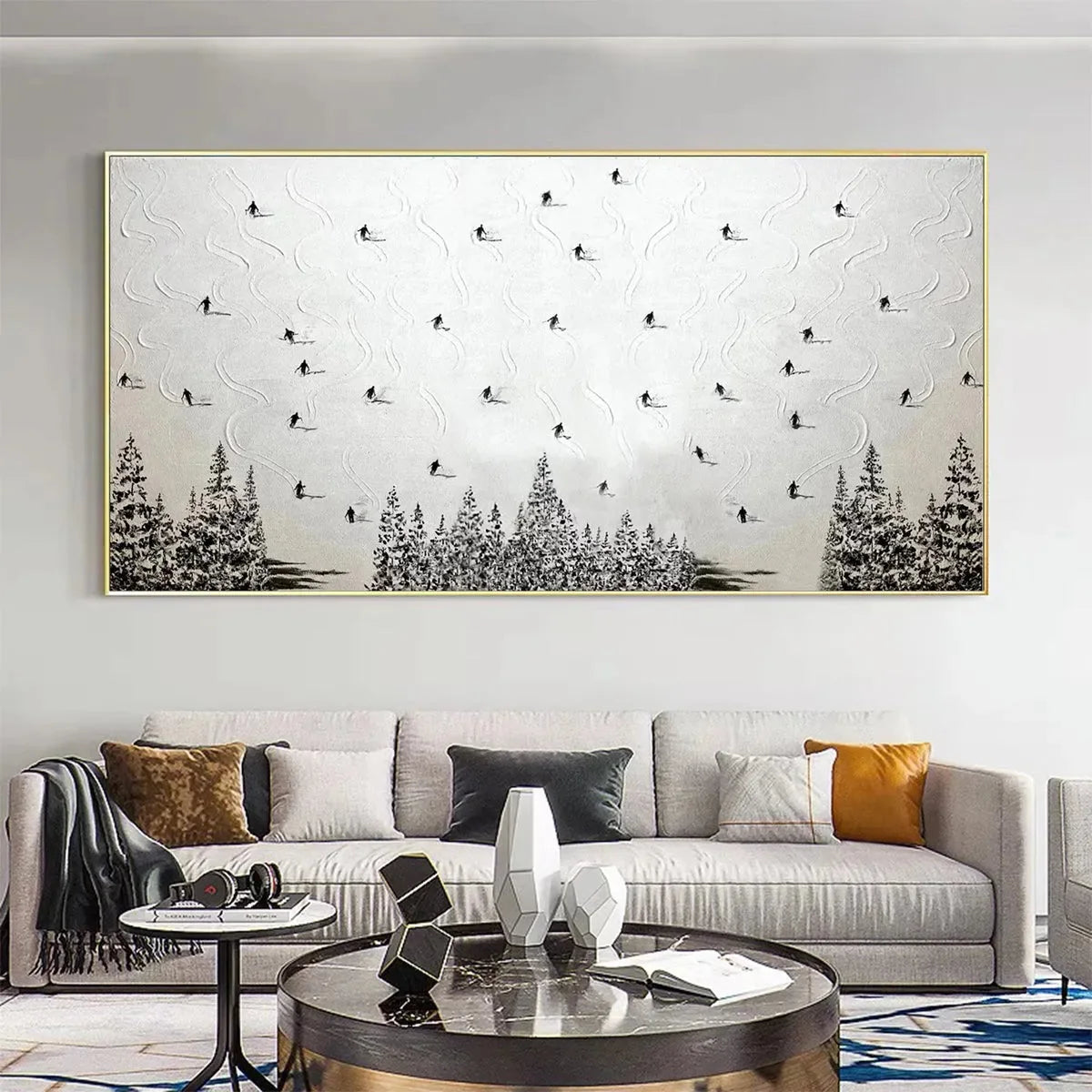 ALPINE SYMPHONY: Minimalist Skiing Scene on Textured Canvas | minimalist closeup, raised brushwork detail