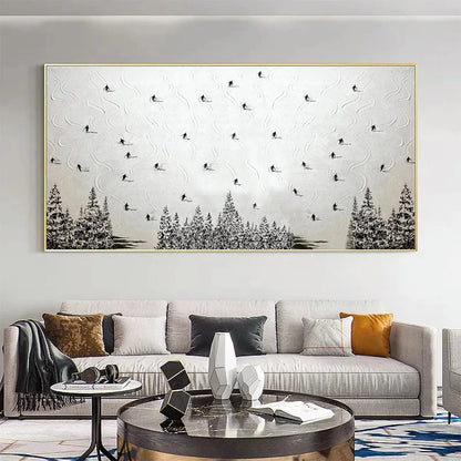 ALPINE SYMPHONY: Minimalist Skiing Scene on Textured Canvas | minimalist closeup, raised brushwork detail