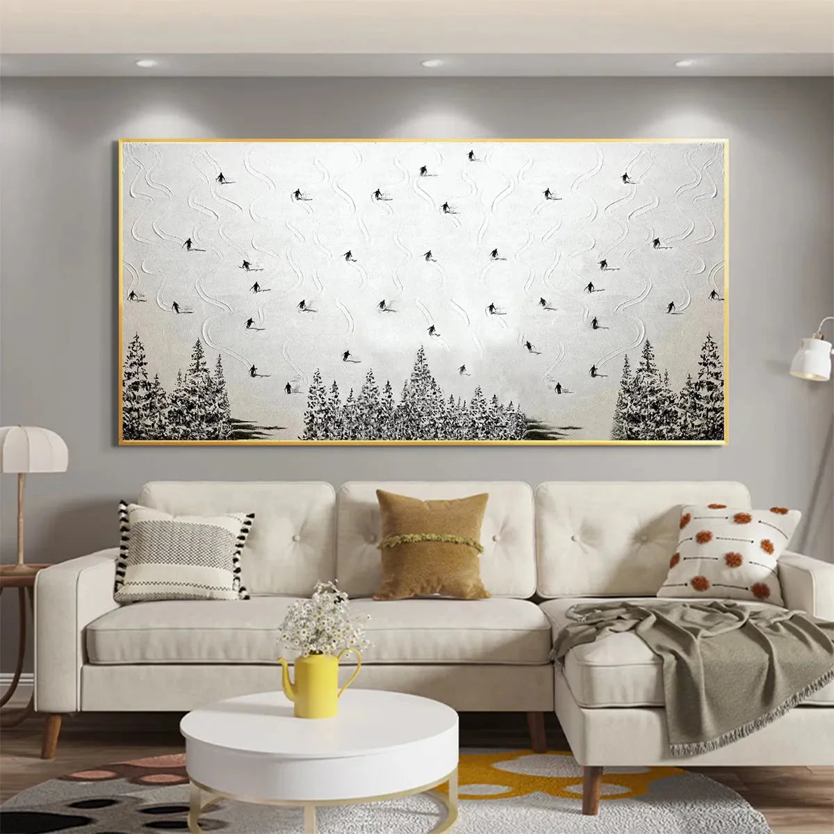 ALPINE SYMPHONY: Minimalist Skiing Scene on Textured Canvas | gold frame stretched on neutral wall