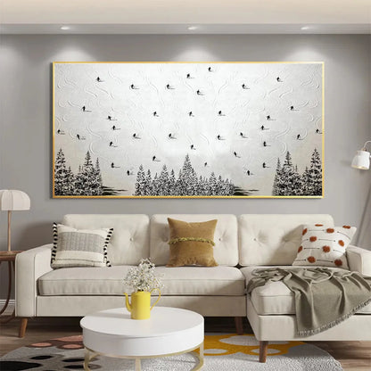 ALPINE SYMPHONY: Minimalist Skiing Scene on Textured Canvas | gold frame stretched on neutral wall