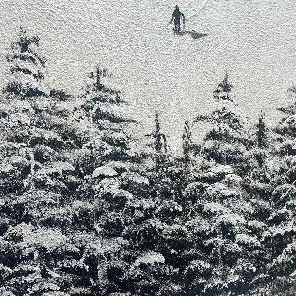 ALPINE SYMPHONY: Minimalist Skiing Scene on Textured Canvas | black frame version on white wall