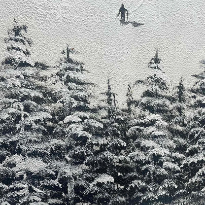 ALPINE SYMPHONY: Minimalist Skiing Scene on Textured Canvas | black frame version on white wall