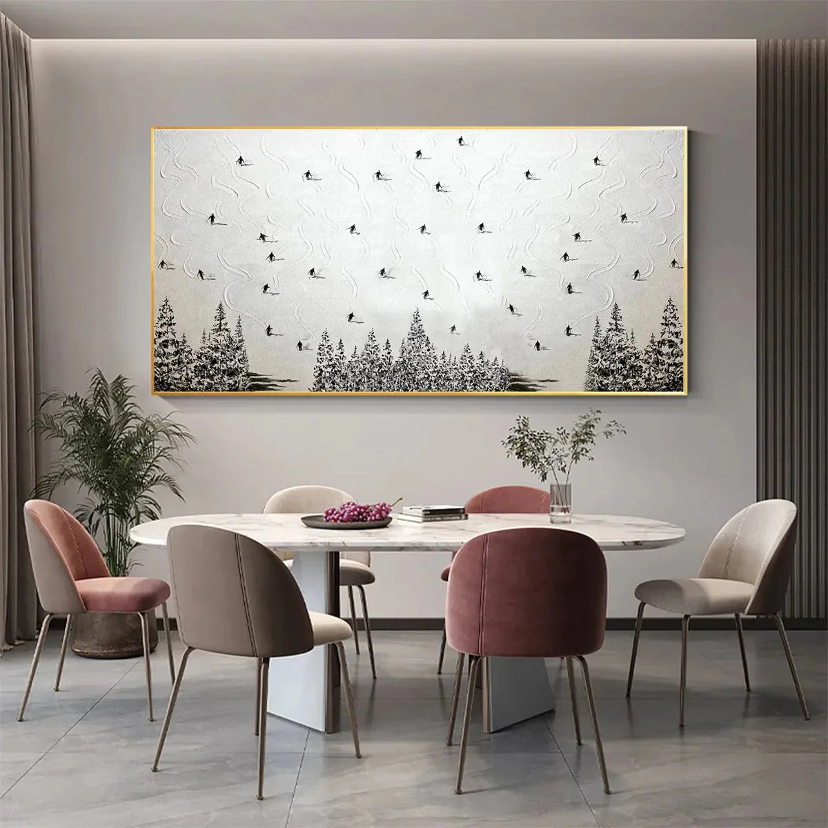 ALPINE SYMPHONY: Minimalist Skiing Scene on Textured Canvas | minimalist mood, soft natural light studio shot