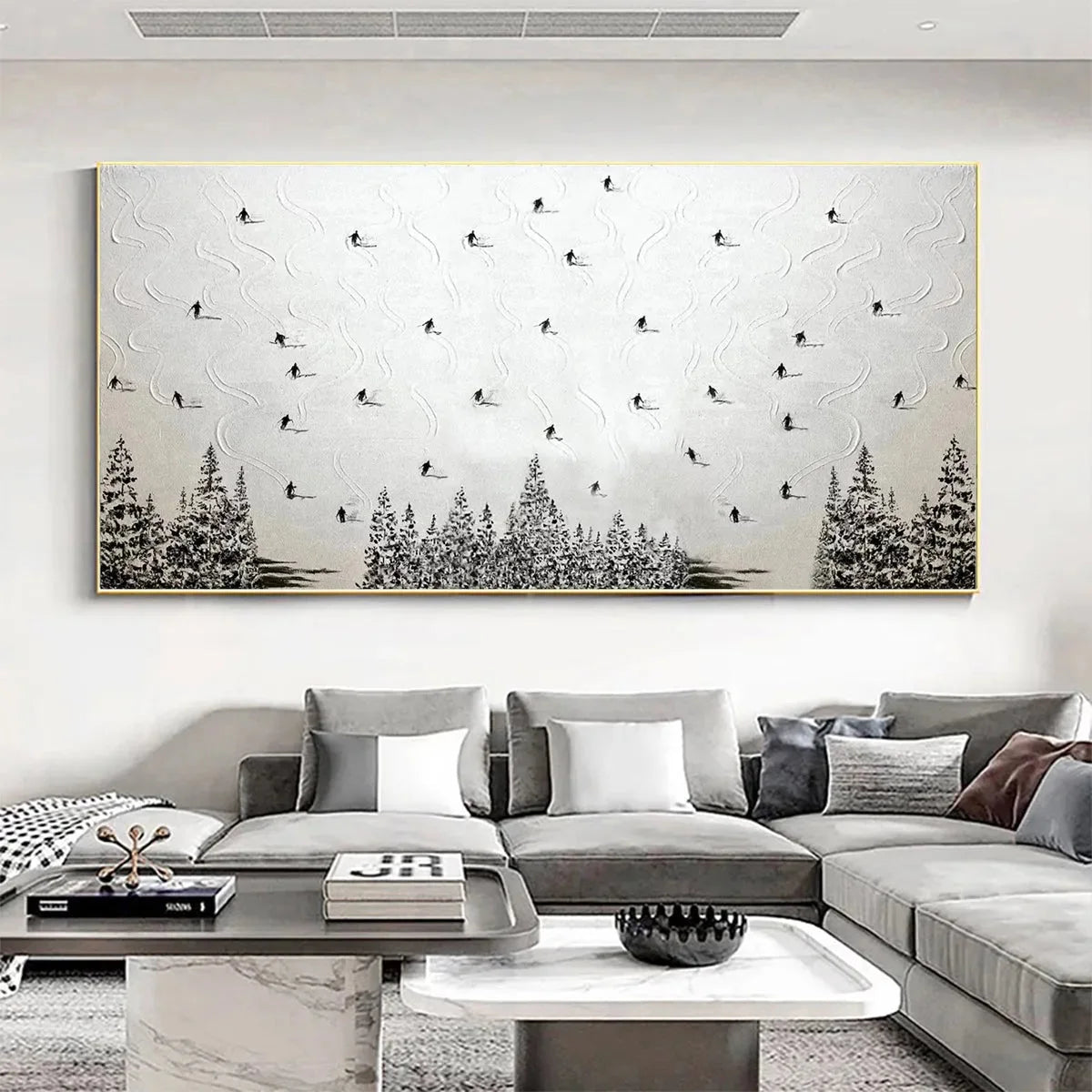 ALPINE SYMPHONY: Minimalist Skiing Scene on Textured Canvas | multi palette, original office art