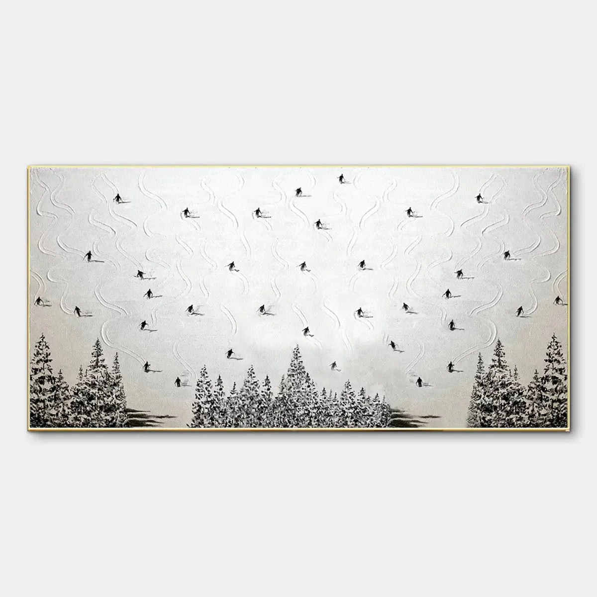 ALPINE SYMPHONY: Minimalist Skiing Scene on Textured Canvas | hanging in living room, minimalist wall art