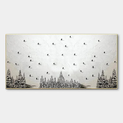 ALPINE SYMPHONY: Minimalist Skiing Scene on Textured Canvas | hanging in living room, minimalist wall art