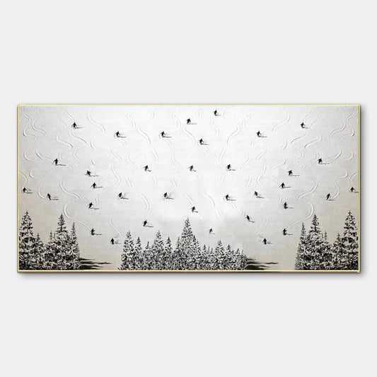ALPINE SYMPHONY: Minimalist Skiing Scene on Textured Canvas | hanging in living room, minimalist wall art