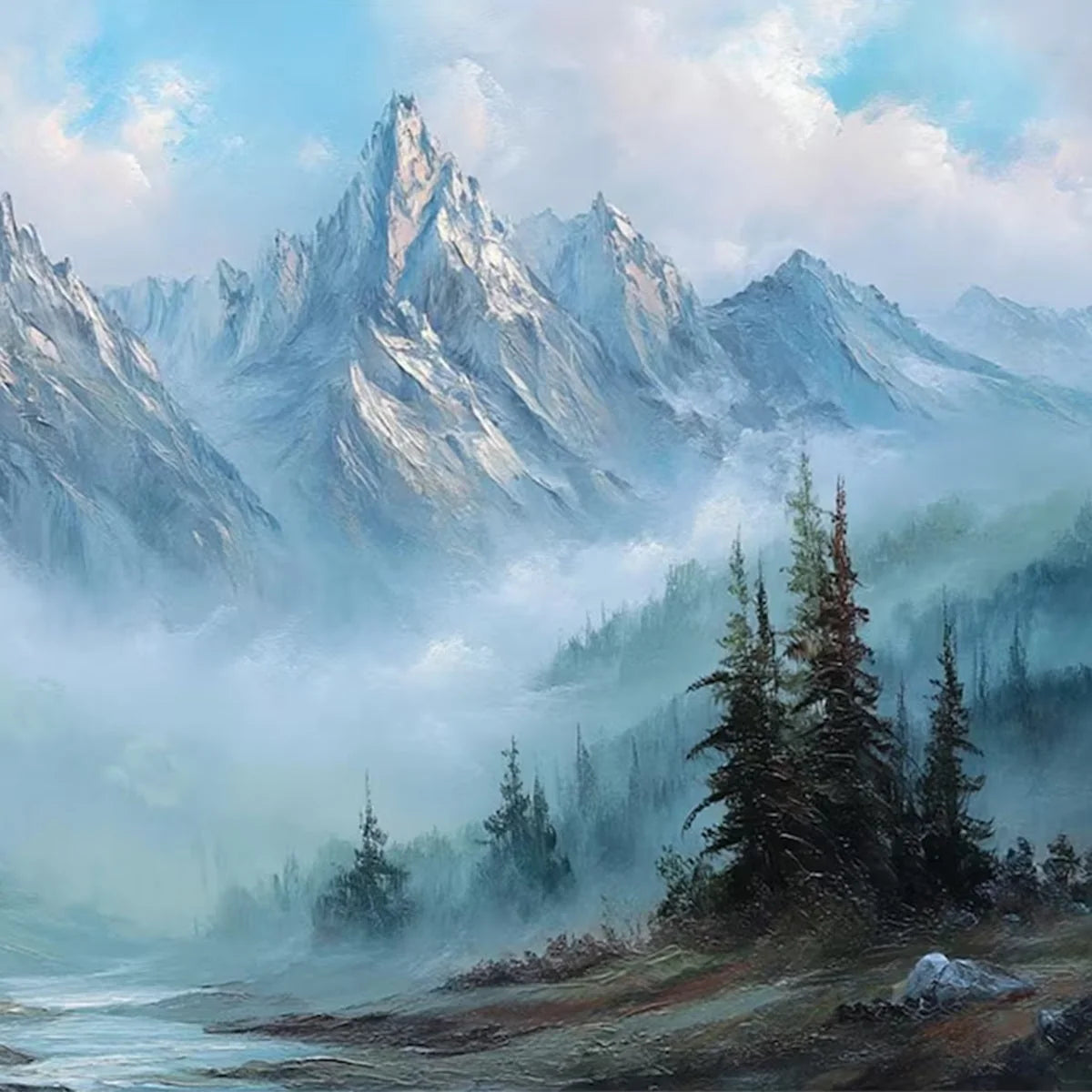 ALPINE WHISPER: Traditional Mountains and Valley Oil Painting | rectangular format, hand-painted canvas edge