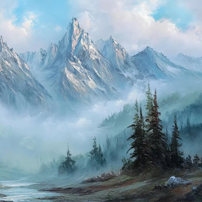 ALPINE WHISPER: Traditional Mountains and Valley Oil Painting | rectangular format, hand-painted canvas edge