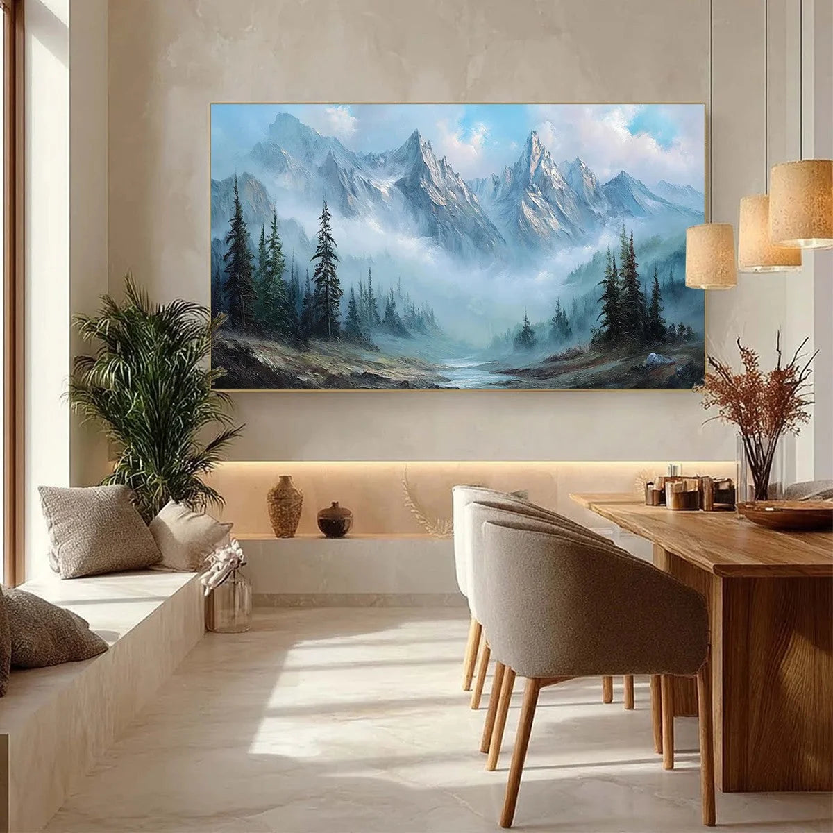ALPINE WHISPER: Traditional Mountains and Valley Oil Painting | gold frame stretched on neutral wall