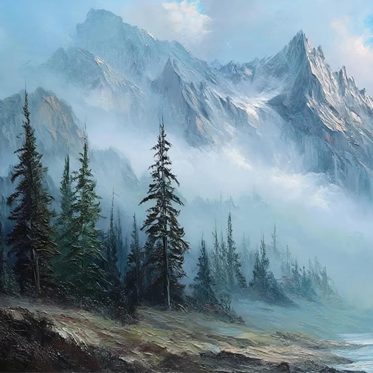 ALPINE WHISPER: Traditional Mountains and Valley Oil Painting | rolled canvas, ready for custom framing