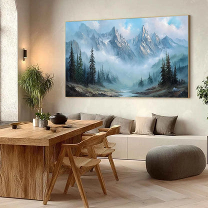 ALPINE WHISPER: Traditional Mountains and Valley Oil Painting | black frame version on white wall