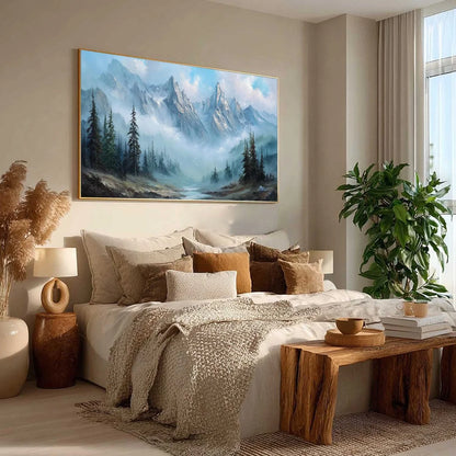 ALPINE WHISPER: Traditional Mountains and Valley Oil Painting | traditional mood, soft natural light studio shot