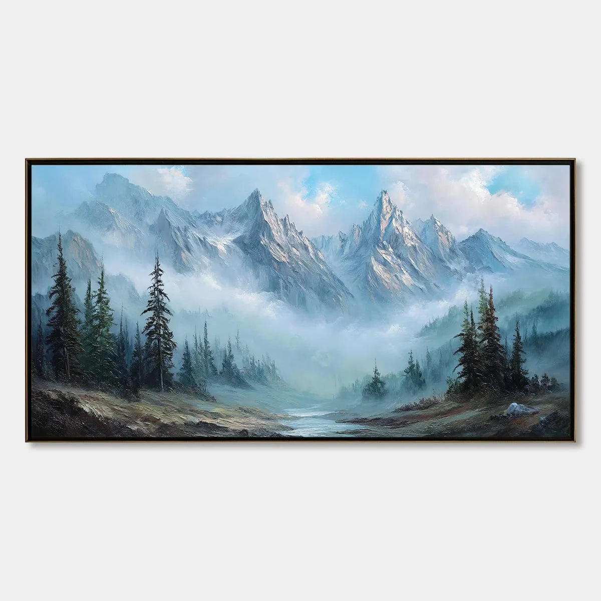 ALPINE WHISPER: Traditional Mountains and Valley Oil Painting | hanging in living room, traditional wall art