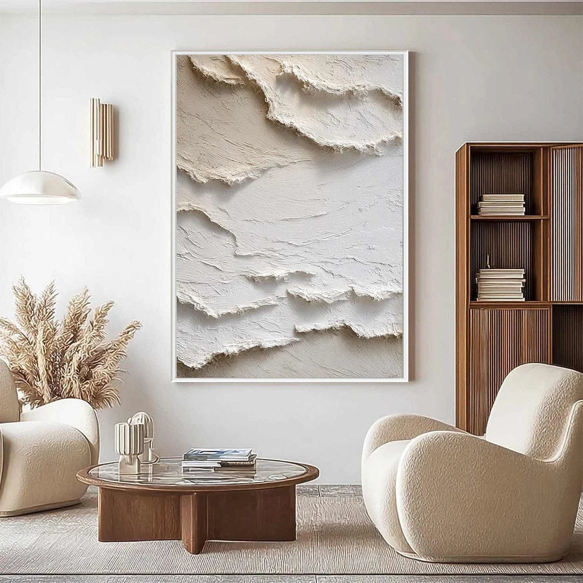 ALPINE WHISPERS: Textured White Abstract Oil Painting | rectangular format, hand-painted canvas edge
