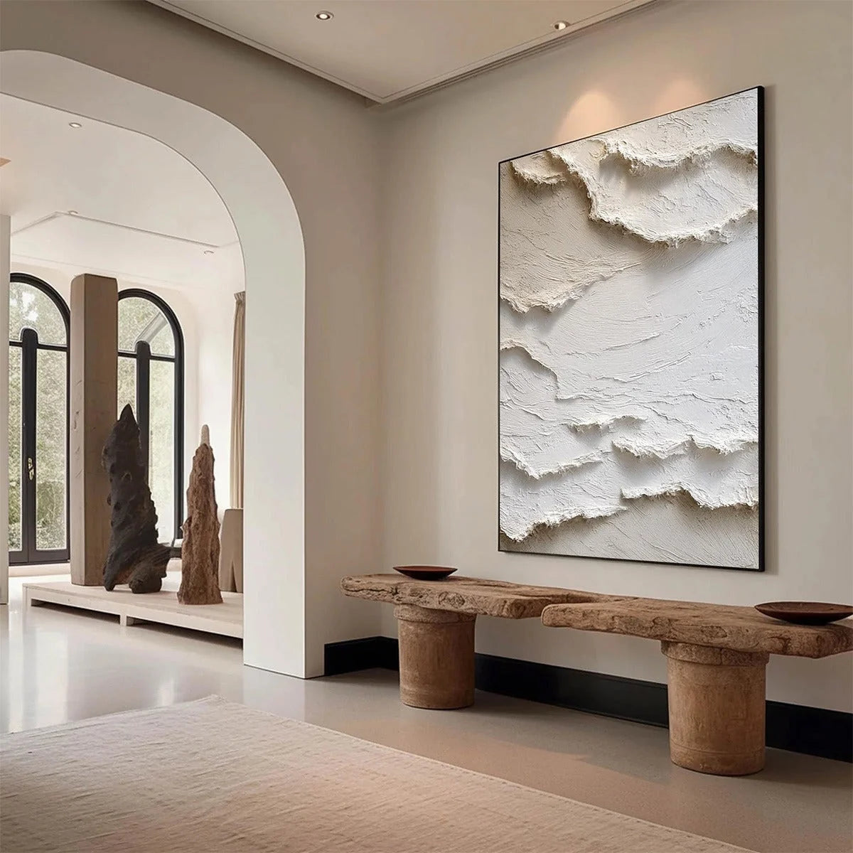 ALPINE WHISPERS: Textured White Abstract Oil Painting | gold frame stretched on neutral wall