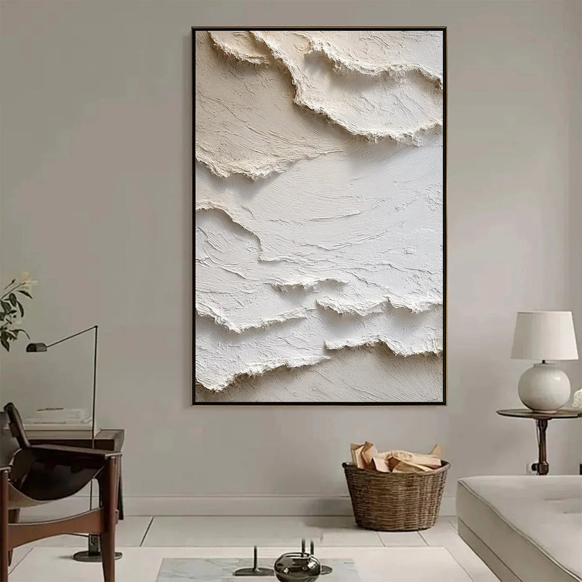 ALPINE WHISPERS: Textured White Abstract Oil Painting | textured mood, soft natural light studio shot