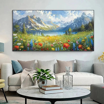 ALPINE WILDFLOWER PARADISE: Colorful Landscape Painting with Mountains and Wildflowers | textured closeup, raised brushwork detail