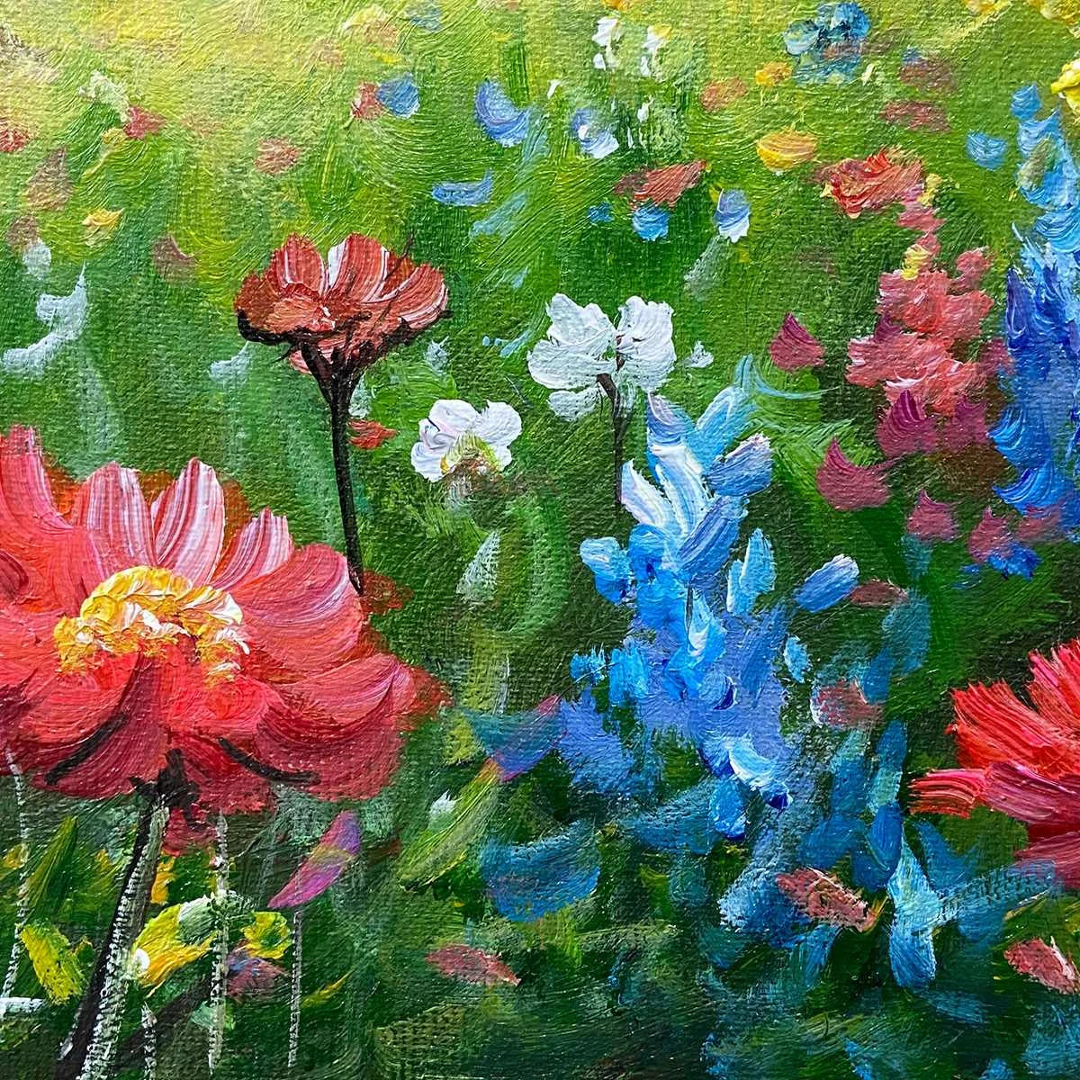 ALPINE WILDFLOWER PARADISE: Colorful Landscape Painting with Mountains and Wildflowers | rectangular format, hand-painted canvas edge
