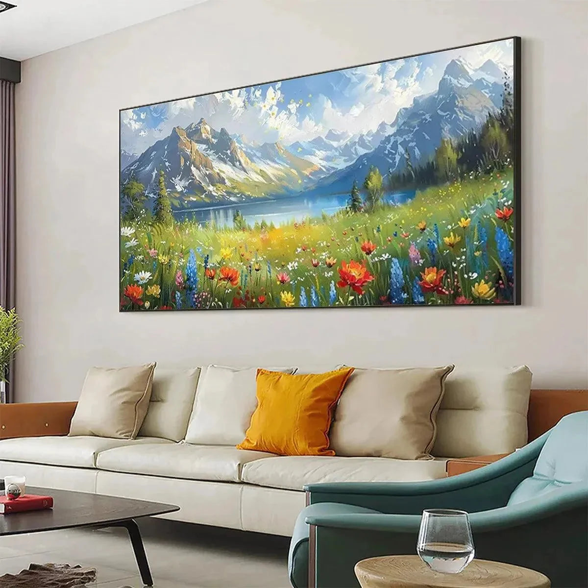 ALPINE WILDFLOWER PARADISE: Colorful Landscape Painting with Mountains and Wildflowers | gold frame stretched on neutral wall
