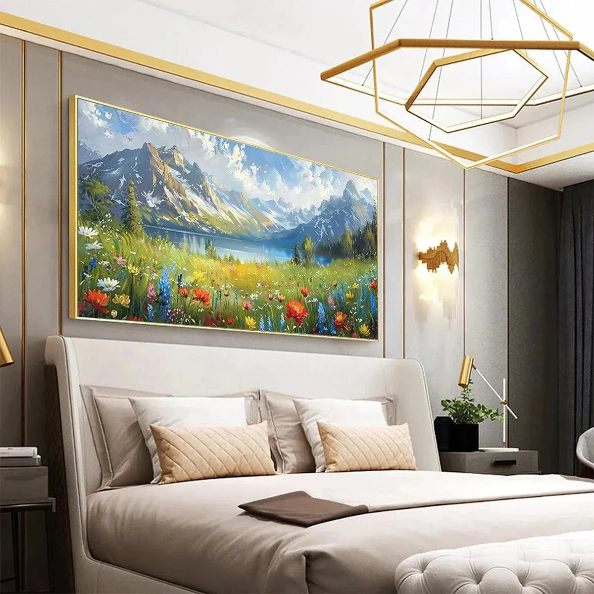 ALPINE WILDFLOWER PARADISE: Colorful Landscape Painting with Mountains and Wildflowers | rolled canvas, ready for custom framing