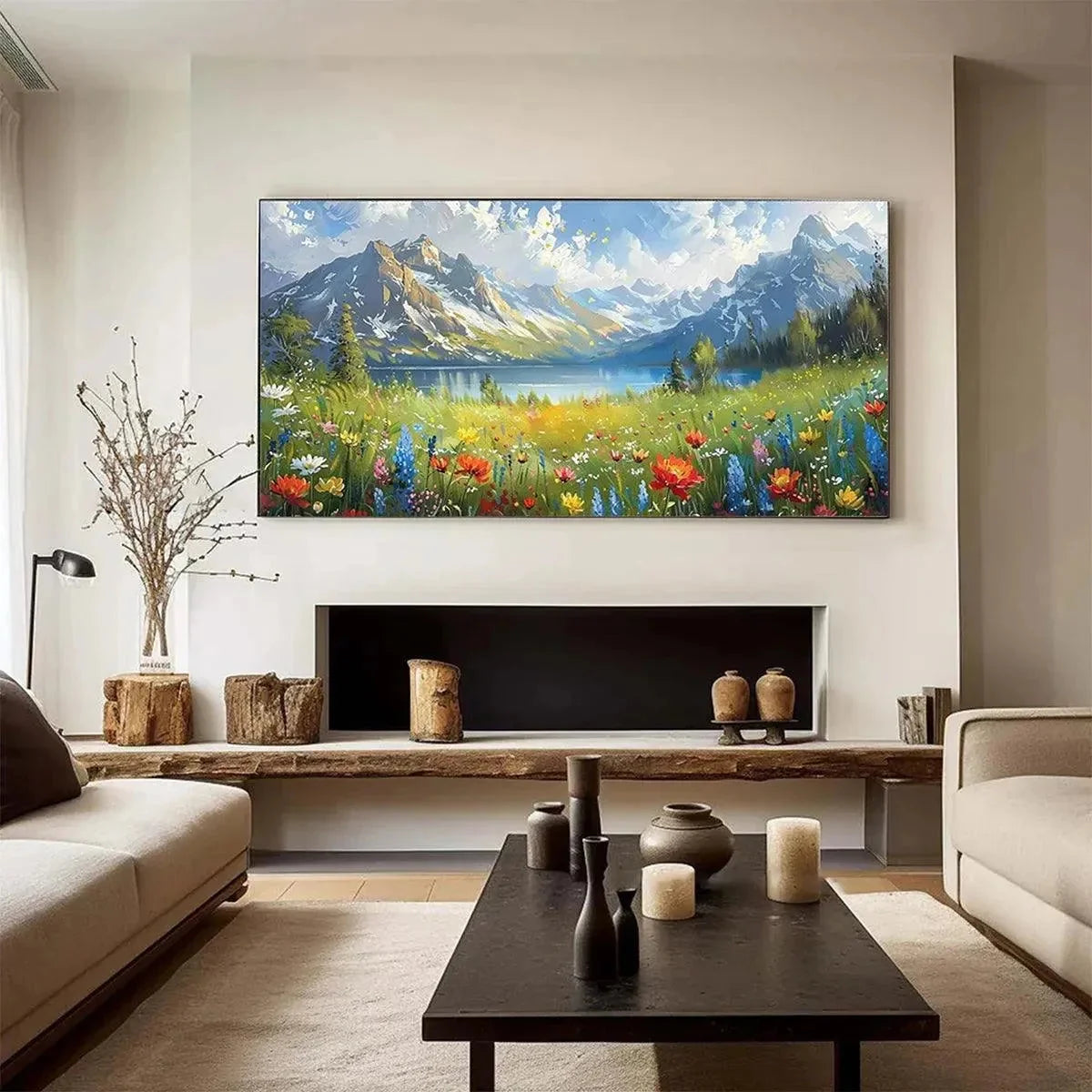 ALPINE WILDFLOWER PARADISE: Colorful Landscape Painting with Mountains and Wildflowers | textured mood, soft natural light studio shot