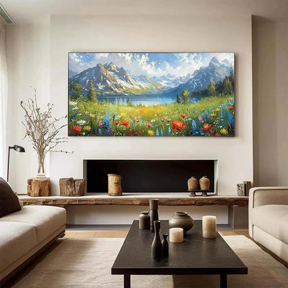 ALPINE WILDFLOWER PARADISE: Colorful Landscape Painting with Mountains and Wildflowers | textured mood, soft natural light studio shot