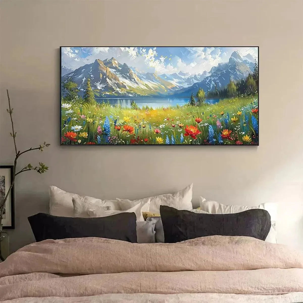 ALPINE WILDFLOWER PARADISE: Colorful Landscape Painting with Mountains and Wildflowers | colorful palette, original bedroom art