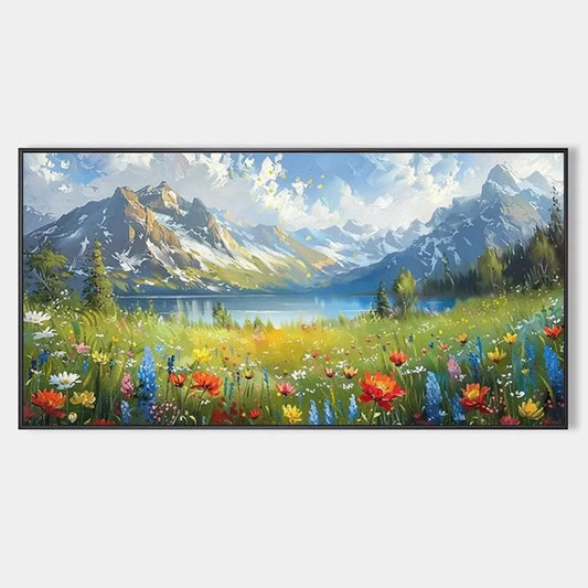 ALPINE WILDFLOWER PARADISE: Colorful Landscape Painting with Mountains and Wildflowers | hanging in living room, textured wall art