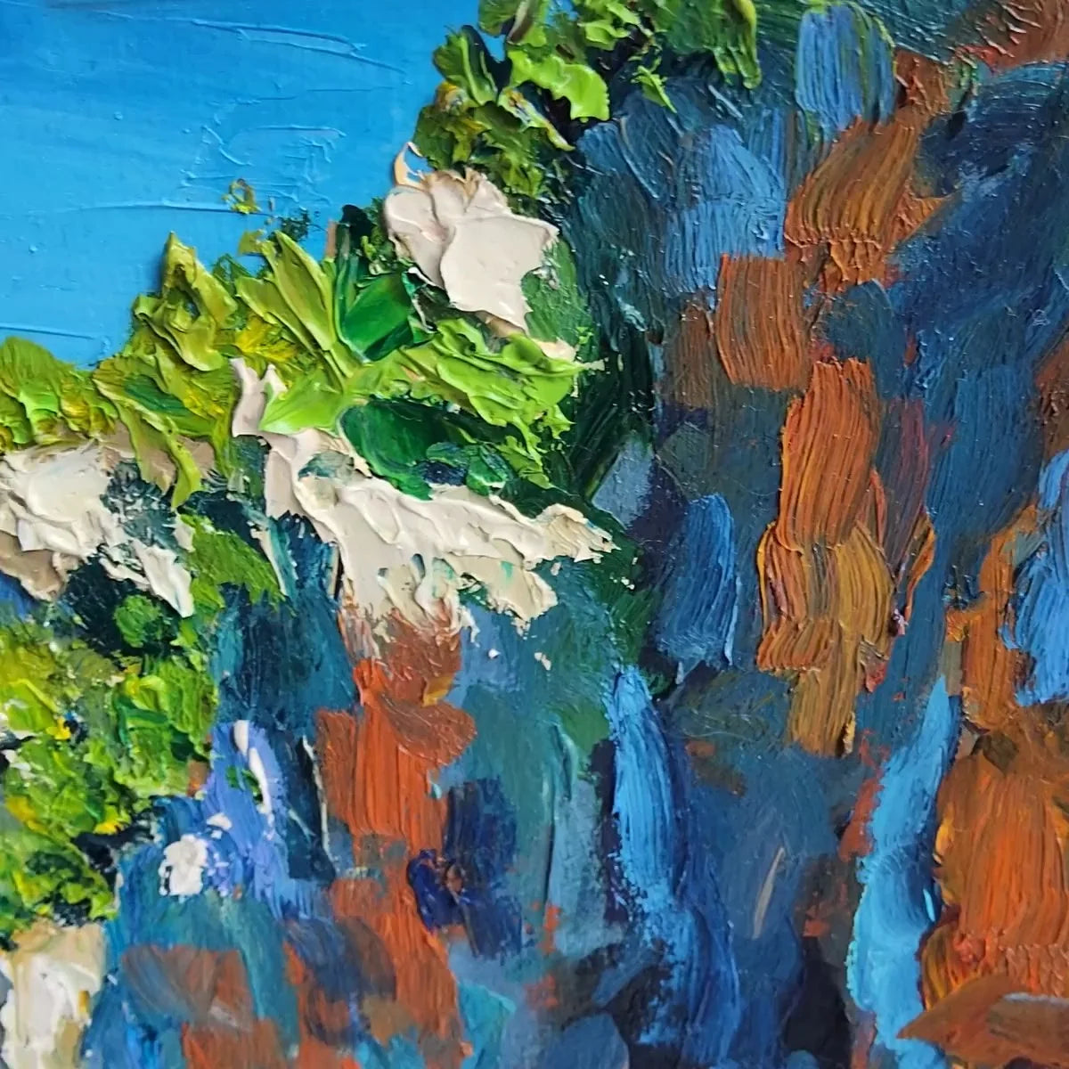 AMALFI COVE: Impasto Coastal Landscape Oil Painting | gold frame stretched on neutral wall