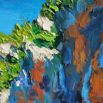 AMALFI COVE: Impasto Coastal Landscape Oil Painting | gold frame stretched on neutral wall