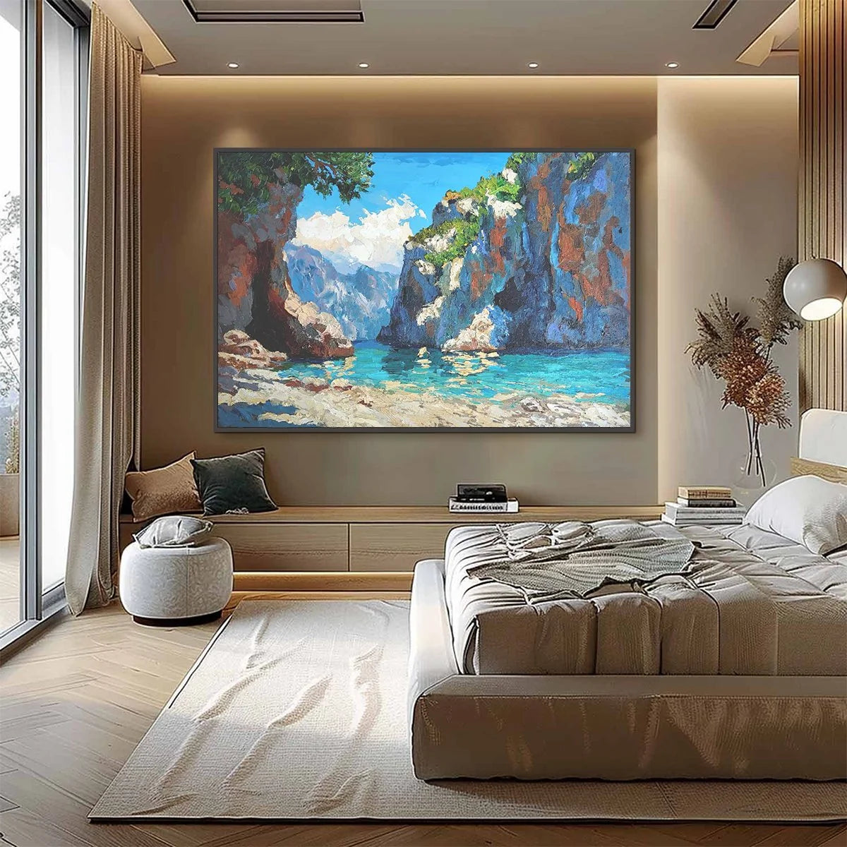 AMALFI COVE: Impasto Coastal Landscape Oil Painting | black frame version on white wall