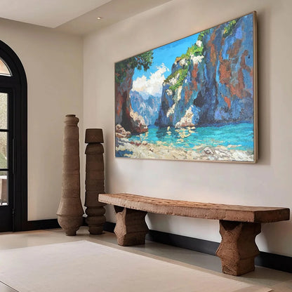 AMALFI COVE: Impasto Coastal Landscape Oil Painting | blue palette, original dining room art