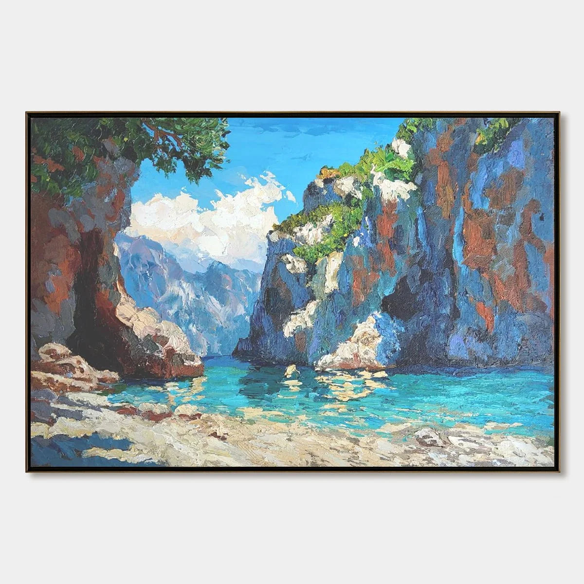 AMALFI COVE: Impasto Coastal Landscape Oil Painting | hanging in living room, impasto wall art