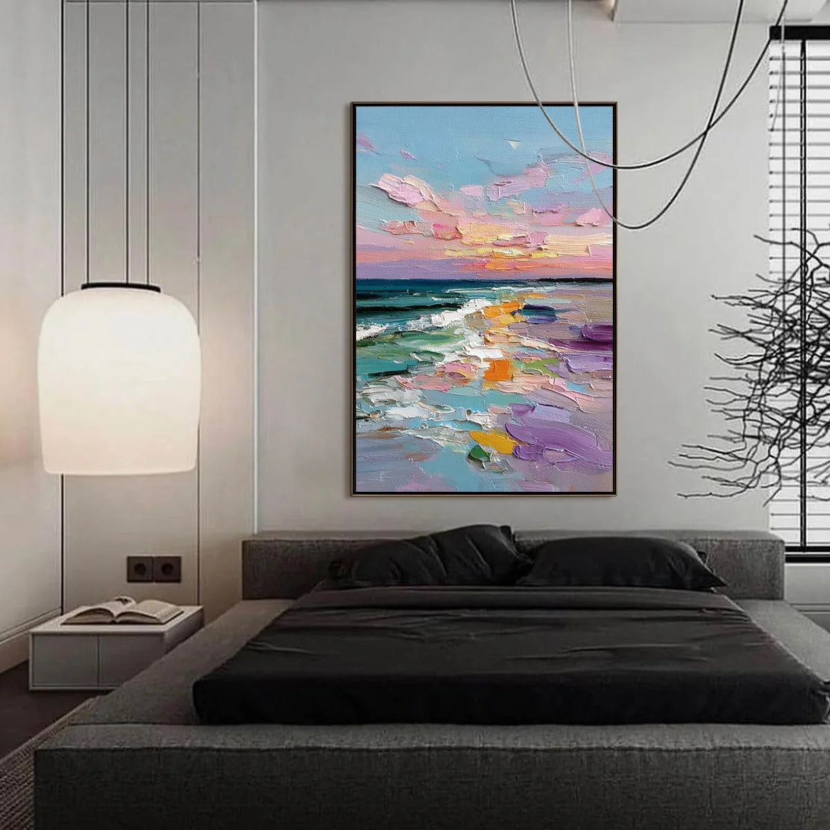 Amalfi Glow: Textured Seascape Sunset Original Oil Painting | gold frame stretched on neutral wall