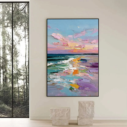 Amalfi Glow: Textured Seascape Sunset Original Oil Painting | black frame version on white wall