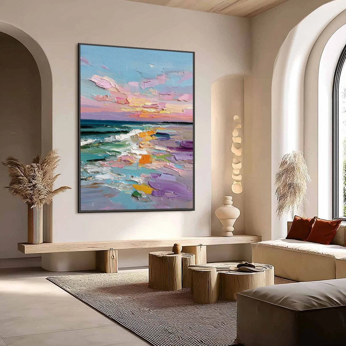Amalfi Glow: Textured Seascape Sunset Original Oil Painting | textured mood, soft natural light studio shot