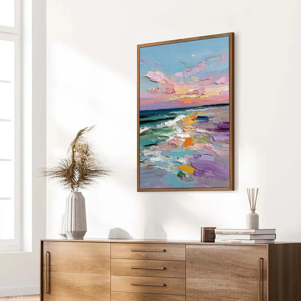 Amalfi Glow: Textured Seascape Sunset Original Oil Painting | multi palette, original dining room art