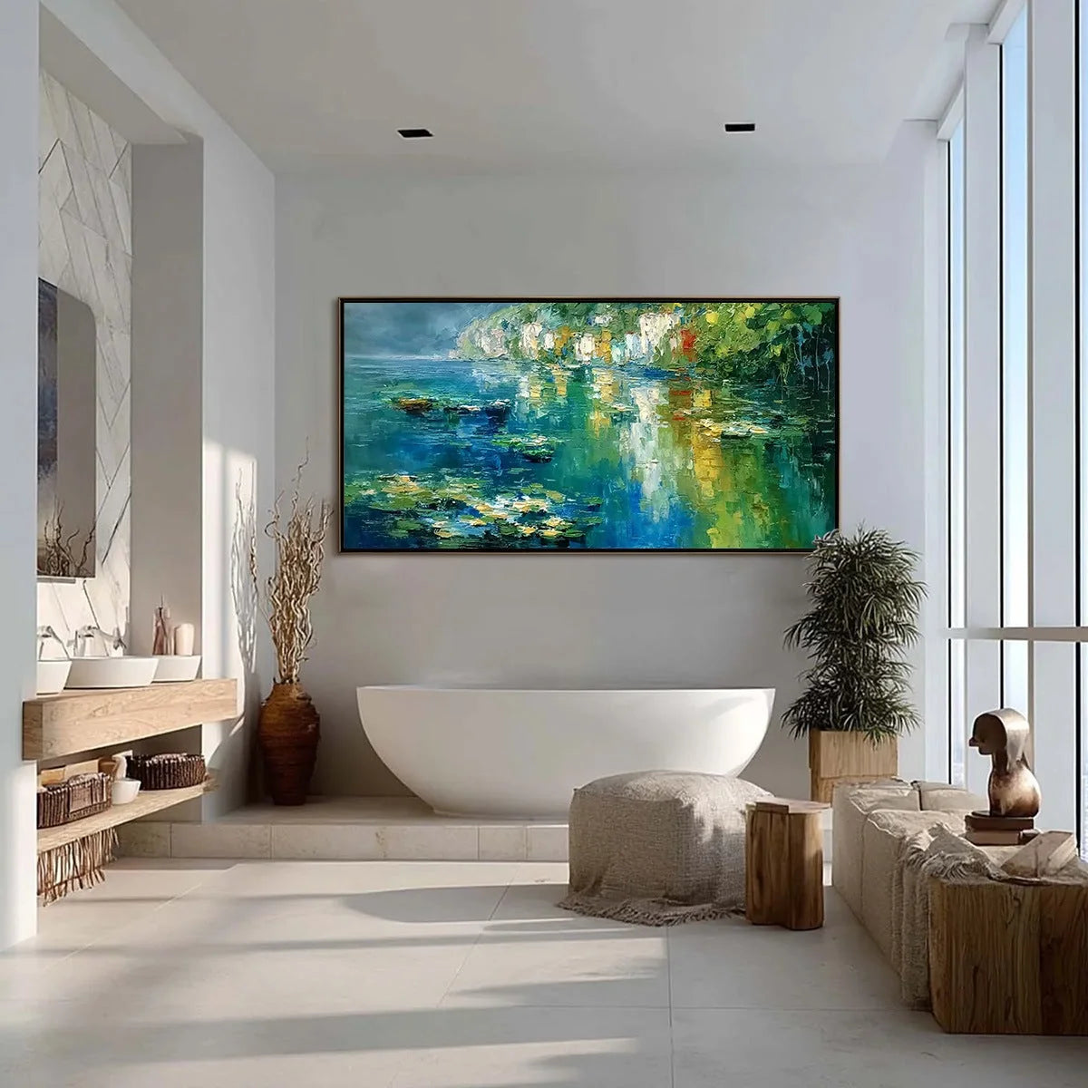AMALFI REFLECTIONS: Textured Impasto Painting of Italian Coast Reflections | gold frame stretched on neutral wall