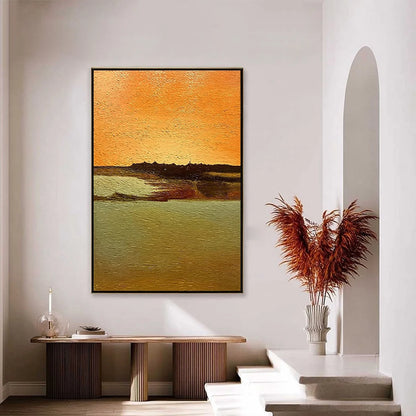 AMBER HORIZON: Textured Impasto Abstract Landscape Painting | gold frame stretched on neutral wall