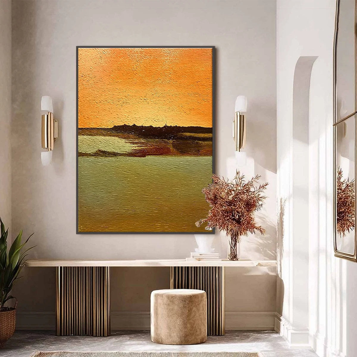 AMBER HORIZON: Textured Impasto Abstract Landscape Painting | black frame version on white wall