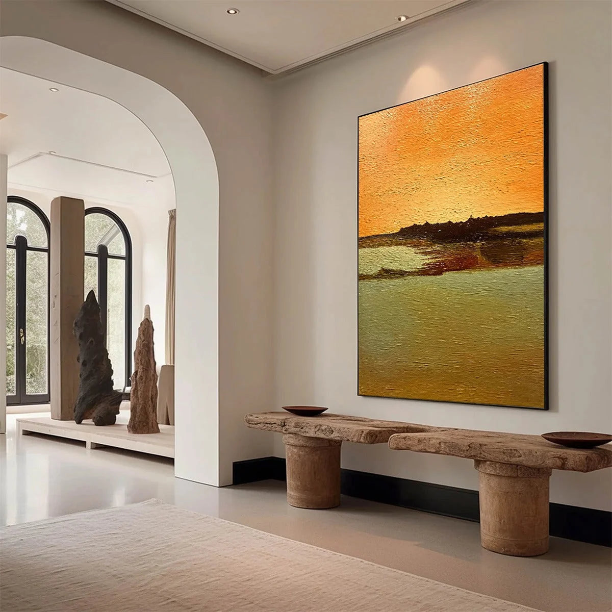 AMBER HORIZON: Textured Impasto Abstract Landscape Painting | impasto mood, soft natural light studio shot