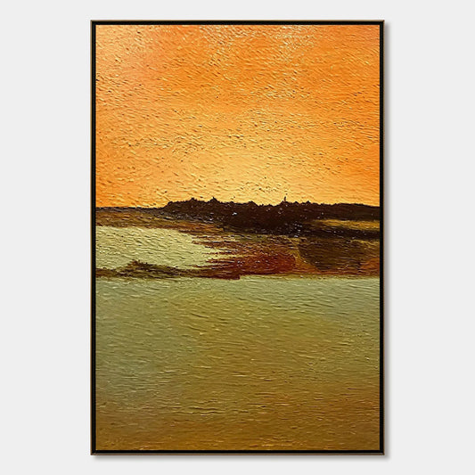 AMBER HORIZON: Textured Impasto Abstract Landscape Painting | hanging in living room, impasto wall art