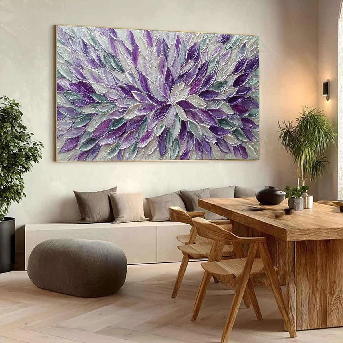 AMETHYST BLOOM: Textured Impasto Floral Oil Painting | gold frame stretched on neutral wall